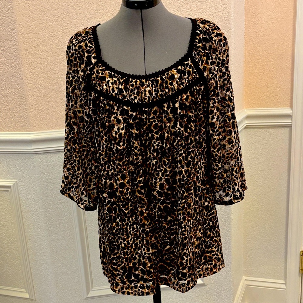 Fashion Bug Leopard Print Blouse with Black Trim